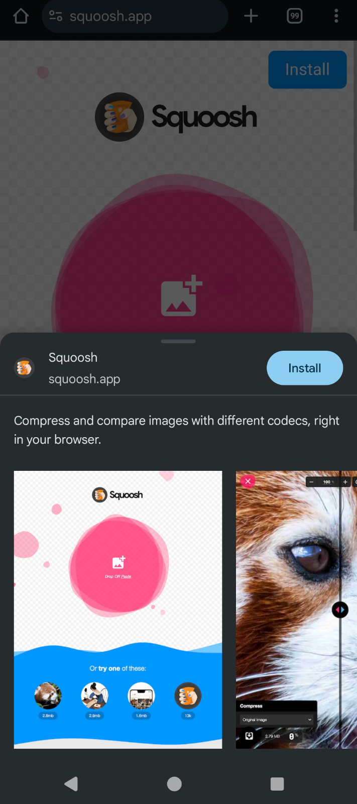 W Chrome jest otwarta strona Squoosh.app. Okno jest nieaktywne z powodu okienka instalacji. Na górze okienka znajduje się ikona aplikacji wraz z jej nazwą i adresem oraz przycisk instalacji. Poniżej znajduje się tekstowy opis aplikacji, pod którymi znajdują się jej screenshoty.