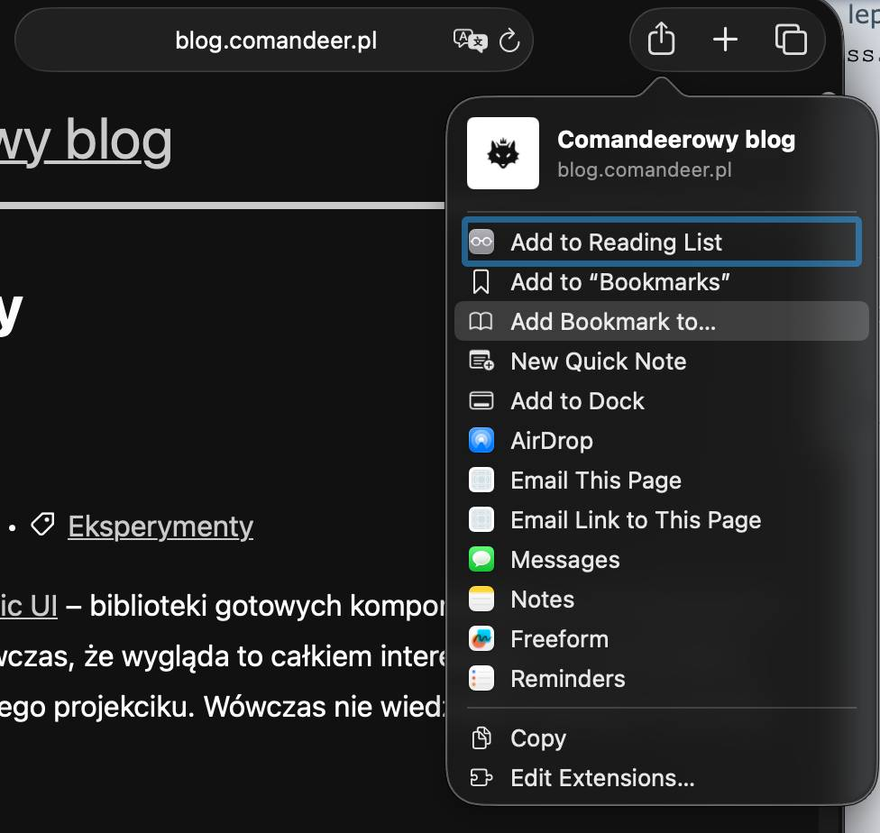 Strona mojego blogu wraz z otwartym menu udostępniania w Safari. Wśród wielu opcji znajduje się też opcja "Add to Dock".