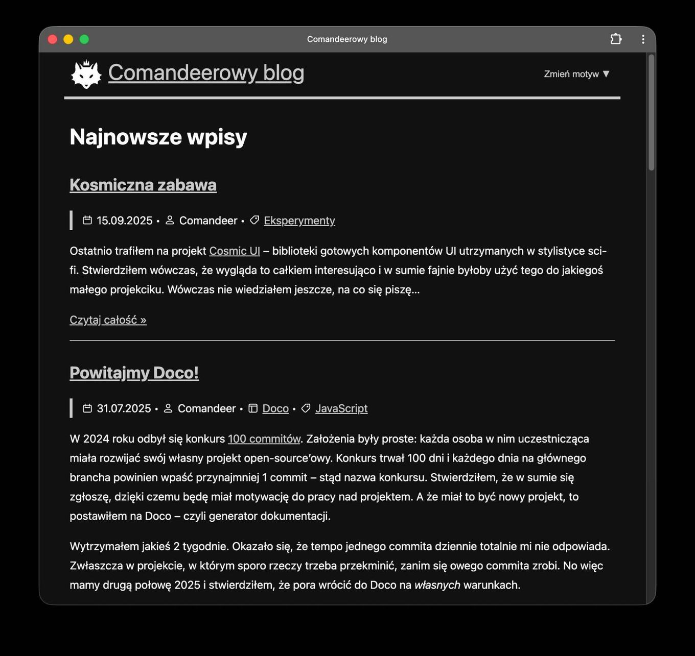 Strona główna mojego bloga wyświetlona w okienku, w którym jest tylko cienka belka tytułowa z nazwą strony (Comandeerowy blog) na środku oraz z przyciskami do włączania rozszerzeń przeglądarki i menu po prawej stronie.