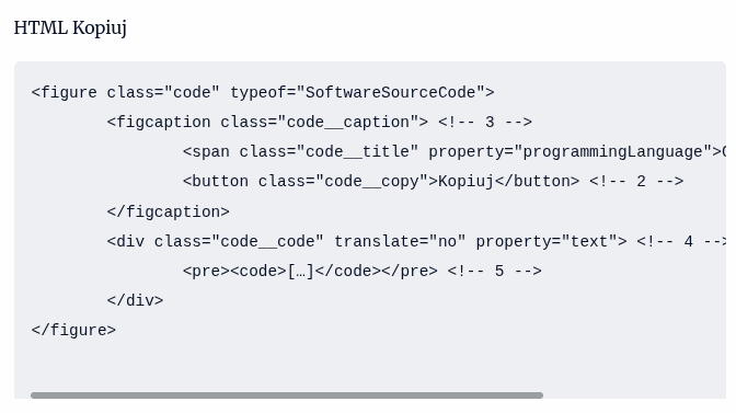Bloczek kodu HTML, nad którym znajduje się tekst "HTML Kopiuj".