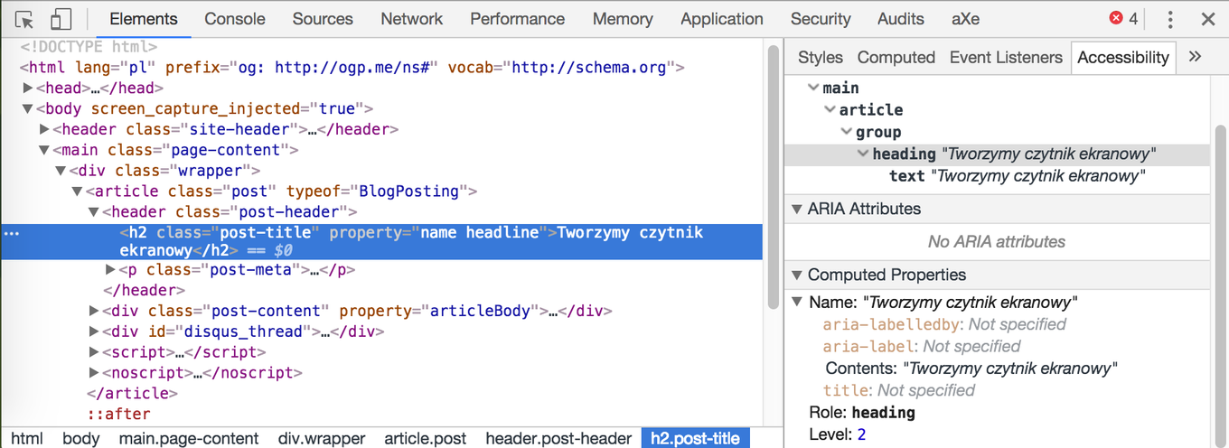 Screenshot otwartych narzędzi programistycznych Chrome, w których podglądany w zakładce Accessibility jest tag h2