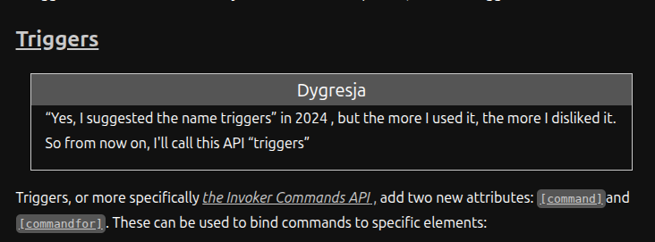 Fragment wpisu przetłumaczone na angielski: nad dygresją znajduje się nagłówek "Triggers", następnie znajduje się nagłówek "Dygresja" po polsku, po czym następuje treść dygresji oraz reszta wpisu z powrotem po angielsku.