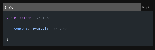 Bloczek kodu CSS z ciemnego motywu bloga, nad którym znajduje się pasek z nazwą języka programowania oraz przyciskiem "Kopiuj"