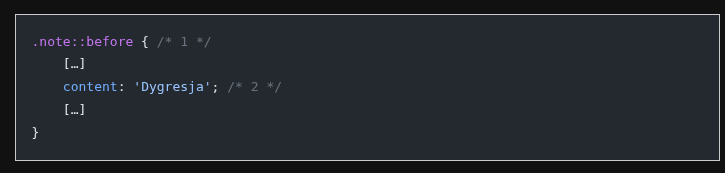Bloczek kodu CSS z ciemnego motywu bloga, otoczony białym obramowaniem.