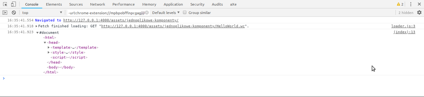 Konsola Chrome pokazująca sparsowane drzewko DOM komponentu