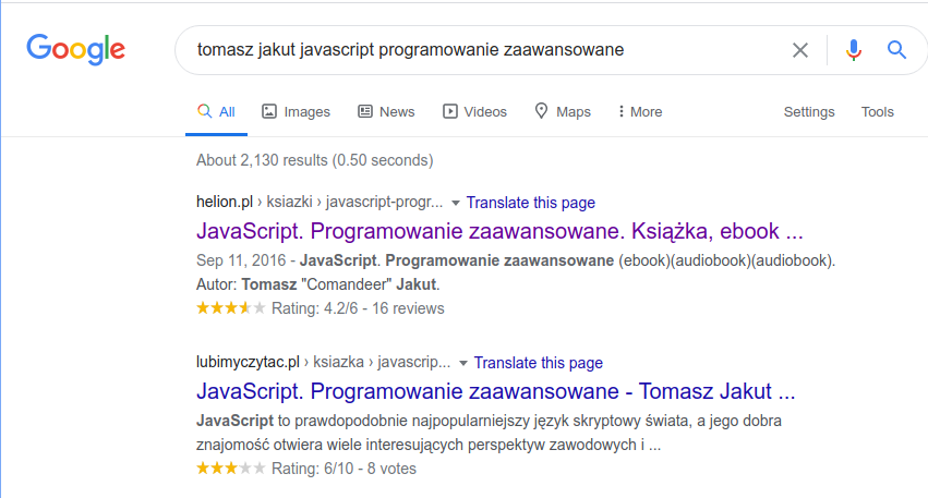 Moja książka w wynikach wyszukiwania ma ocenę 4.2/6 w Helionie oraz 6/10 w Lubimy czytać.