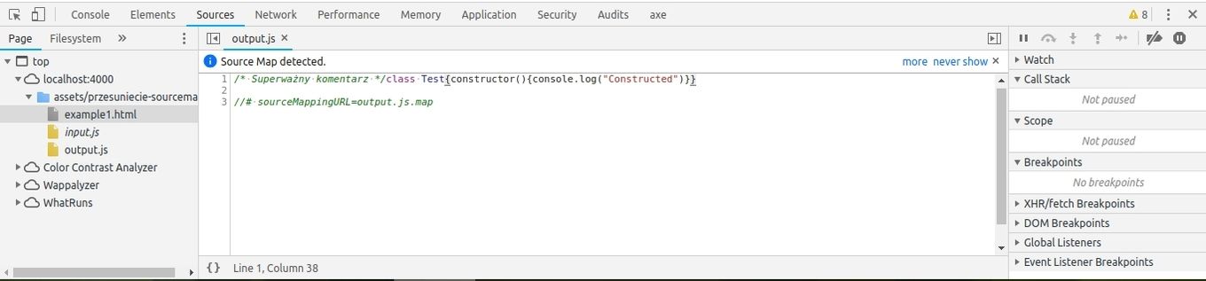 Otwarta zakładka "Sources" w devtools Google Chrome pokazująca przerobiony kod oraz drzewko wyboru plików po lewej, zawierającc zarówno plik output.js, jak i input.js