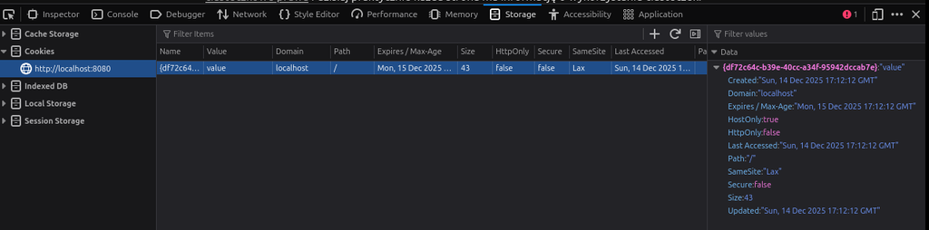 Zakładka "Storage" w Firefoksie: po lewej menu z różnymi typami zapisanych danych, z których wybrana jest opcja "Cookies"; na środku tabelka z istniejącymi ciasteczkami i ich opcjami; po prawej panel, w którym wypisane są szczegóły aktualnie wybranego ciasteczka.